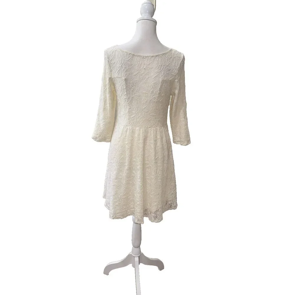 Free People Cream Lace Mini Dress 3/4 Sleeve Fit & Flare Boho Wedding Guest M